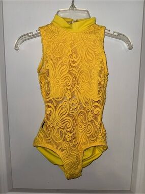 Kandi Kouture Kids Yellow Lace One-Piece Dance Leotard Size CXL (10/12)